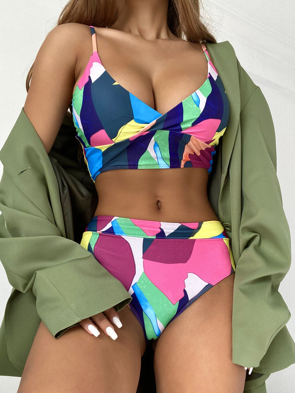 Geometric Colorful Bikini Sets Solid Color Ruffled Swimwear Bathing Suits 2 Piece Split Push Up Bandage Beachwear Women's Bikini Scoop Neck Straps Cutout Crop Top Lace Up Bottom Comfortable Beach Summer Swimsuit