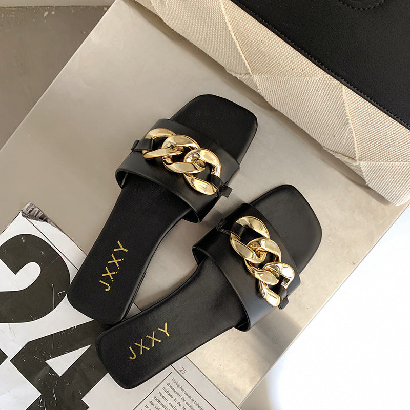 Women Sandals Design Gold Chain Closed Toe Slip On Mules Shoes Flat Heels Square Head Casual Slides Summer Slippers Open Toe Flat Sandals Metal Chain PU Leather Slides Shoes