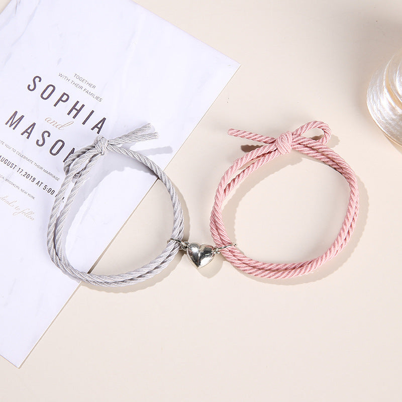 2PCS Magnetic Bracelet Stainless Steel Love Heart Charm Couple Bracelets For Friend Braid Rope Bracelets Magnet Adjustable Rope Matching Bracelet Love Bracelet Couples 2 Pieces Relationship Magnetic Bracelet