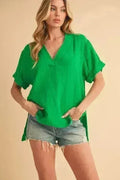 Side Slit V-Neck Blouse - Chic 100% Cotton Top | Femstylo
