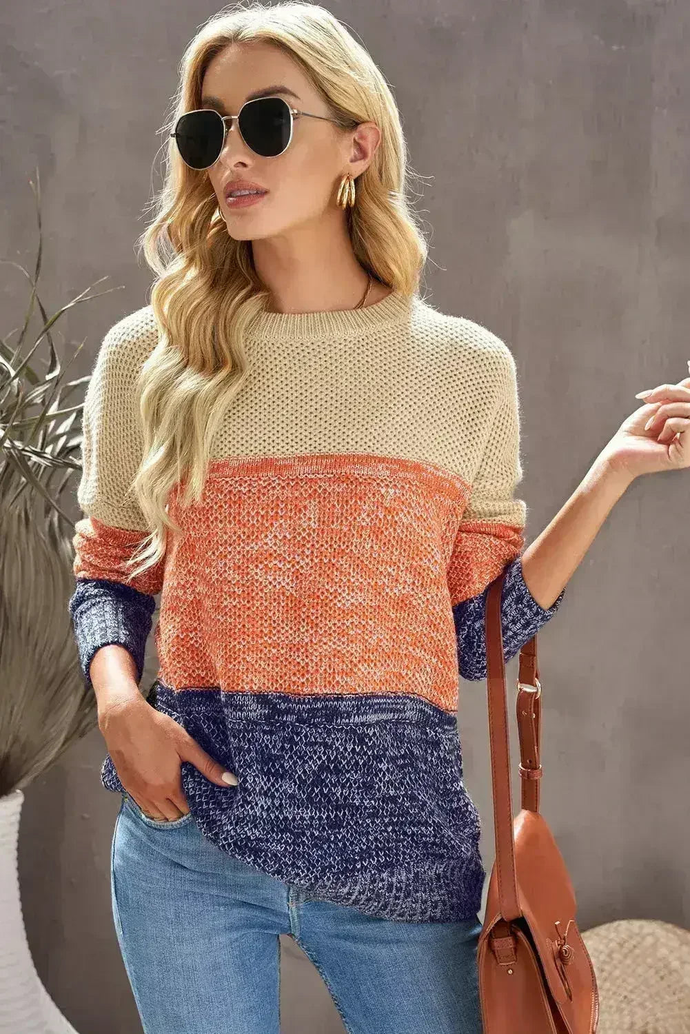 Color Block Round Neck Long Sleeve Sweater