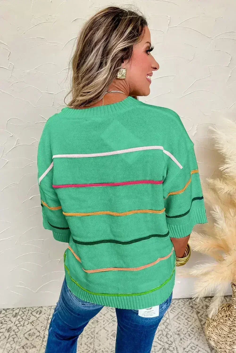 White Striped Half Sleeve Drop Shoulder Sweater