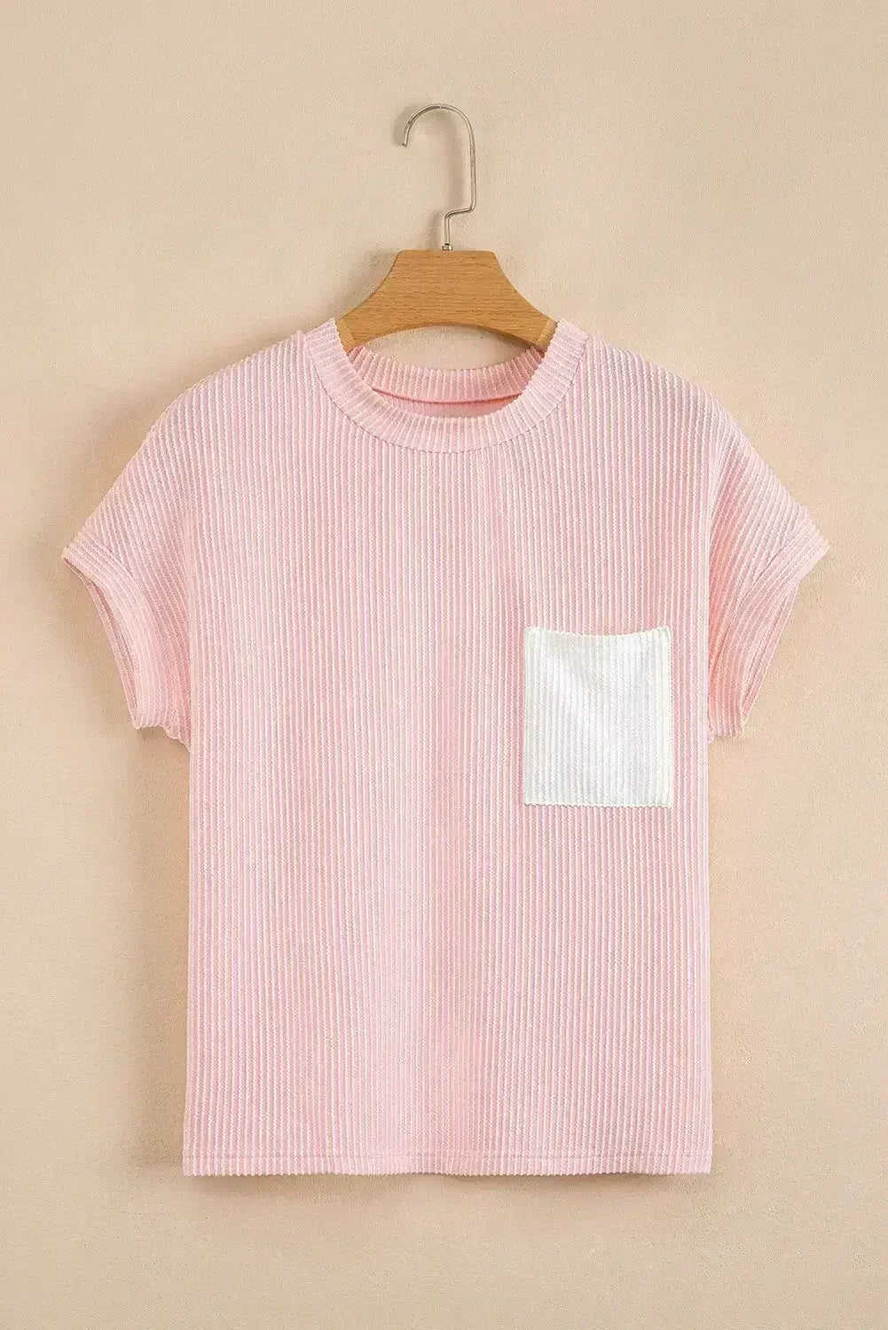 Pink Corded Colorblock Pocket Crew Neck T Shirt