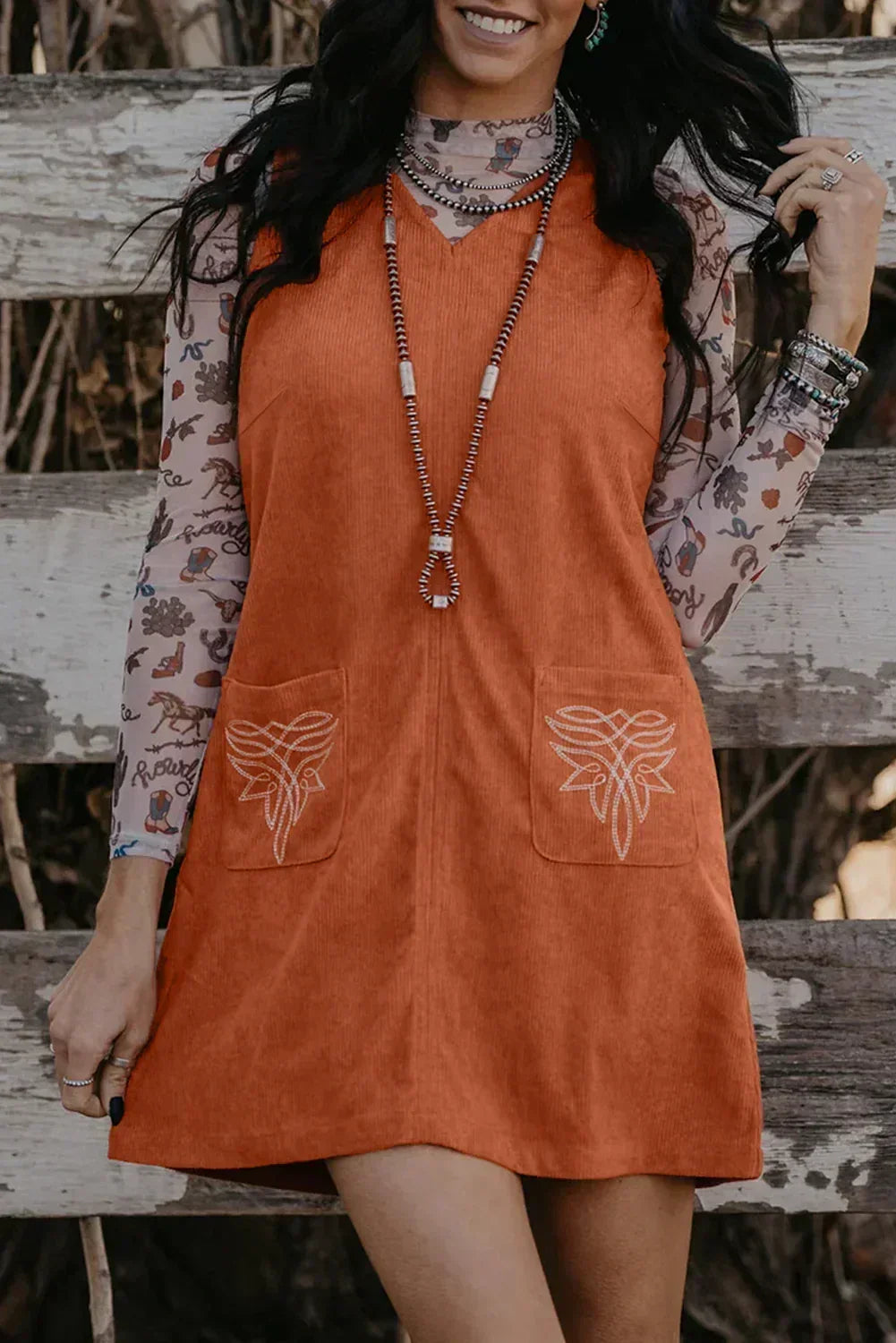Gold Flame Corduroy Embroidered Patch Pocket Sleeveless Mini Dress