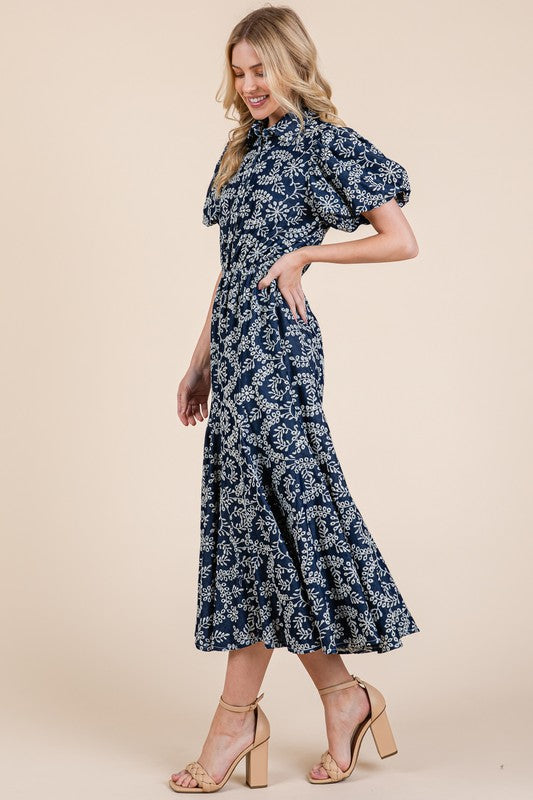 Natural Leaf Pattern Eyelet Lace Puff Sleeve Dress For Women – Elegant and Feminine Eyelet Lace Dress with Puff Sleeves