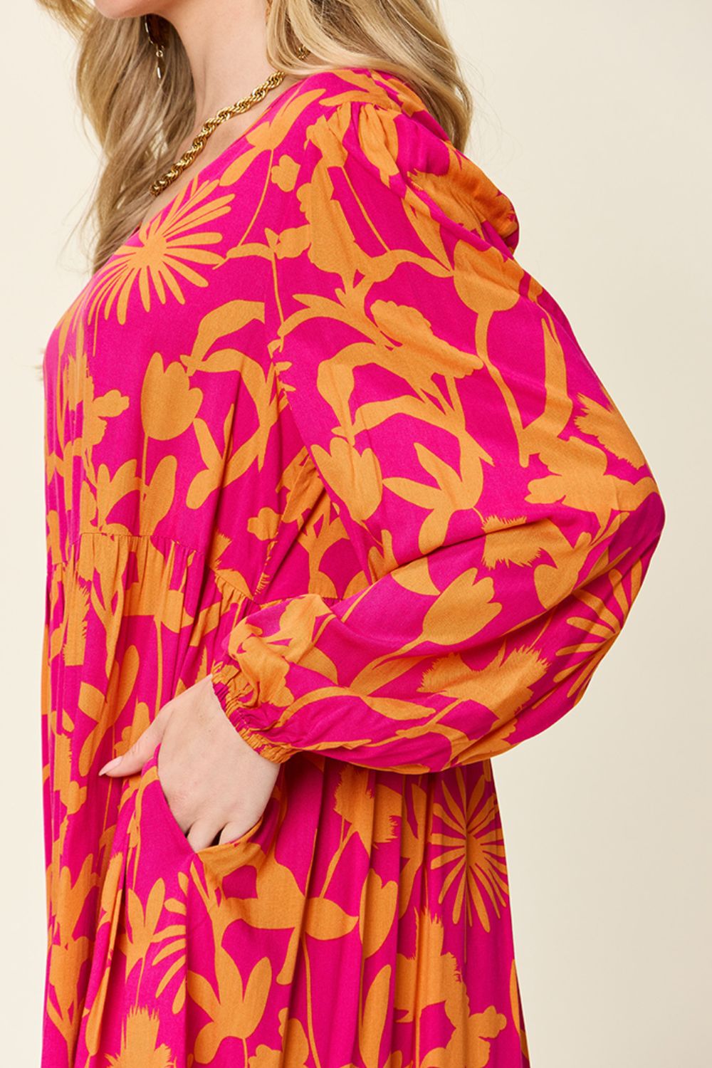 Double Take Full Size Printed Ruffle Hem Dress with Pocket Stylish & Functional Women Dress