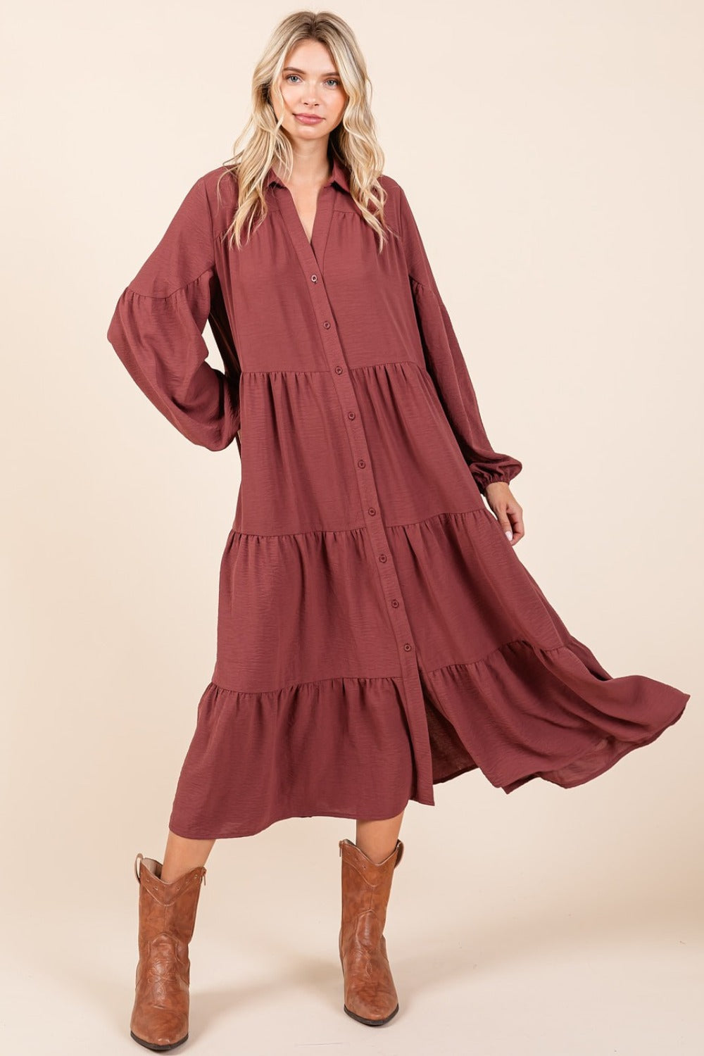 Tiered Button Down Long Sleeve Midi Dress For Women – Button Down Midi Dress, Long Sleeve Tiered Dress, Feminine Midi Dress, Button Front Dress, Elegant Long Sleeve Dress