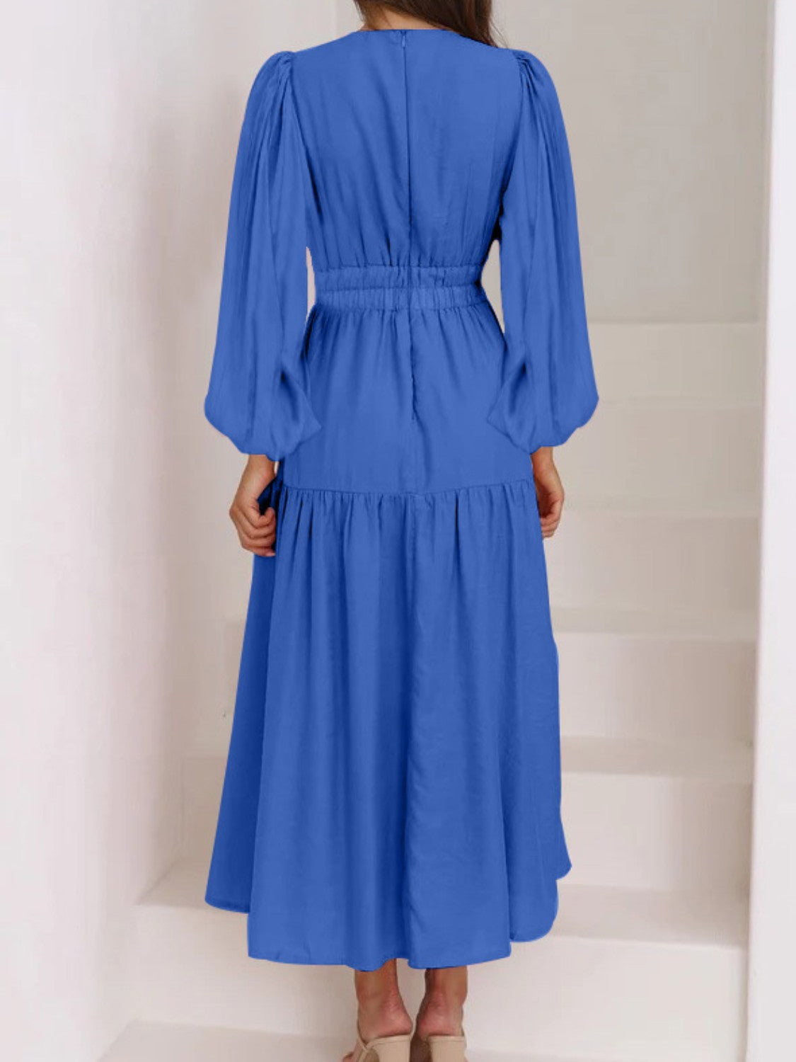 Lightweight Deep V-Neck Balloon Sleeve Maxi Dress Elegant & Flowing Silhouette Unique Dress