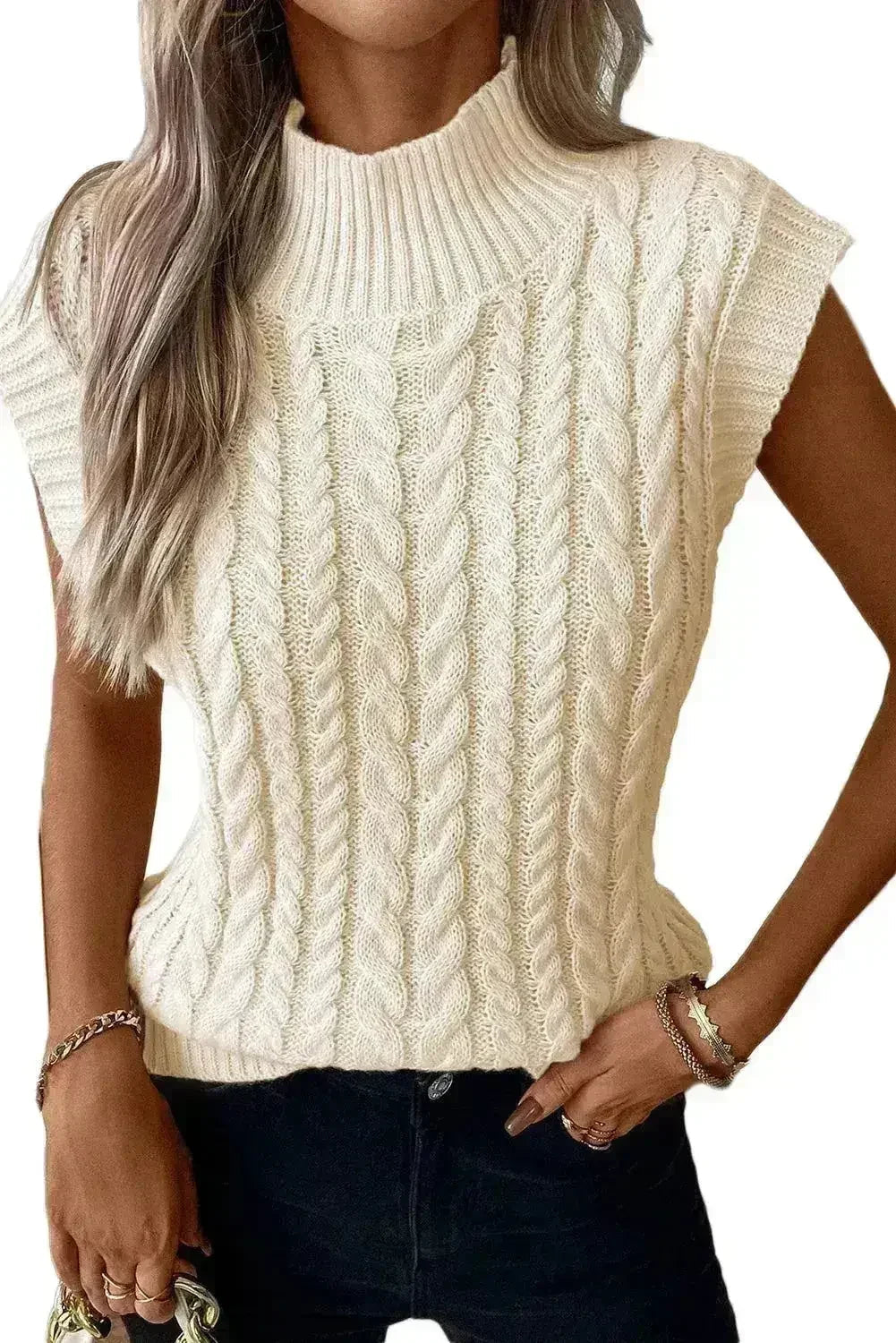 Cable Knit Sweater Vest – High Neck & Textured Oatmeal