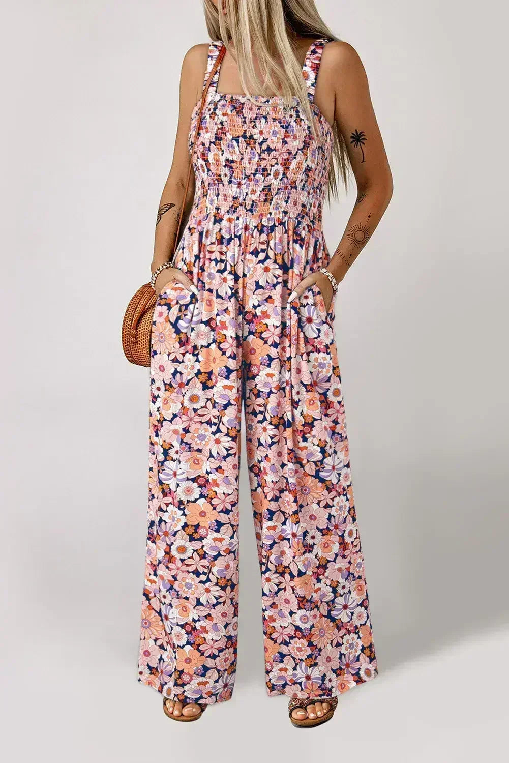 Purple Floral Square Neckline Stretch High Waist Jumpsuit