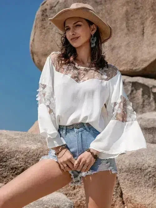 White Lace Round Neck Long Sleeve Blouse | Femstylo