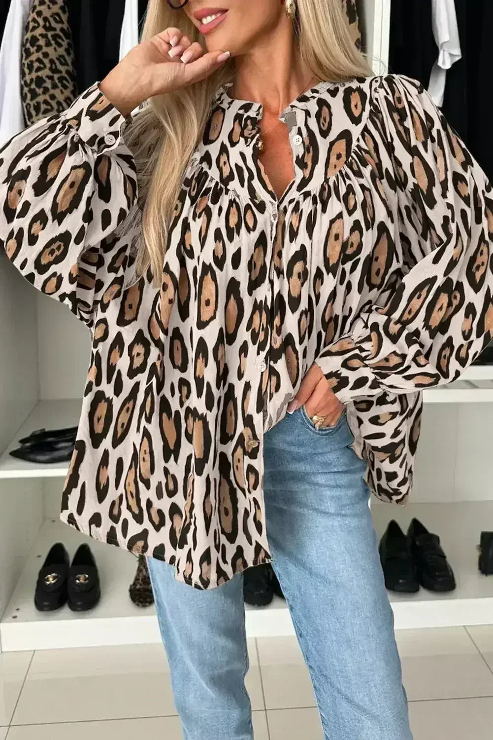 Light Leopard Print Balloon Sleeve Loose Blouse | Femstylo