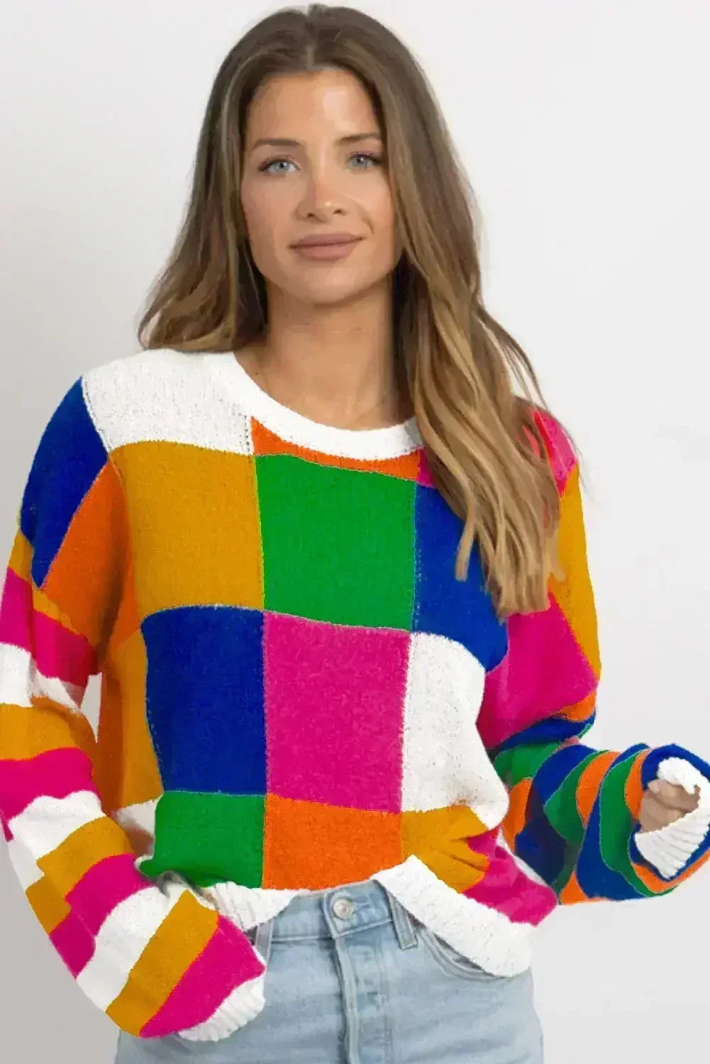 Orange Checkered Color Block Round Neck Loose Sweater