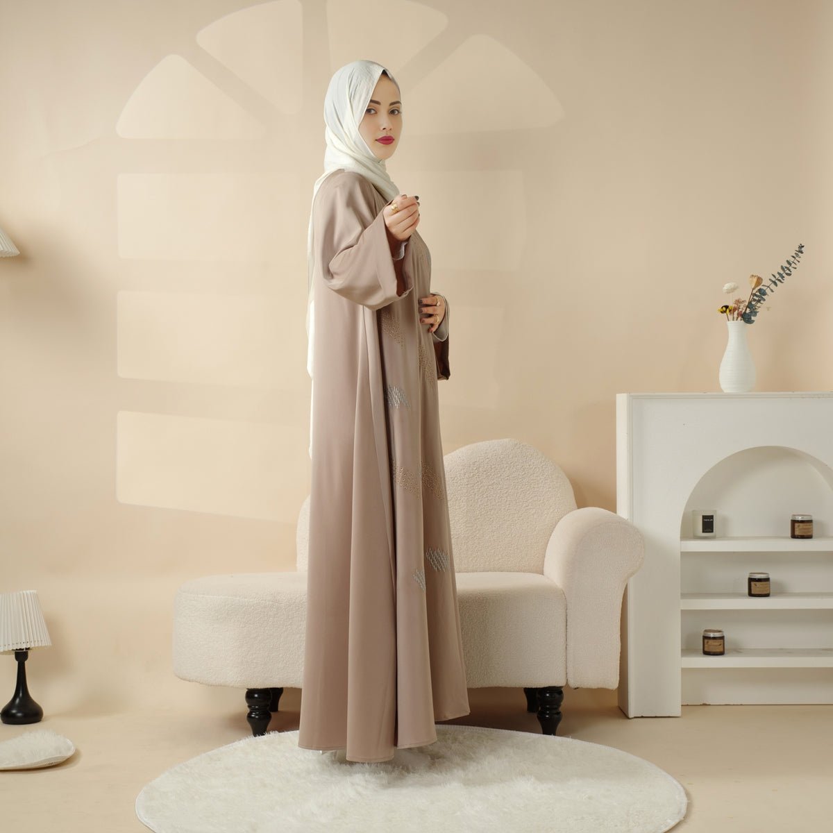 3D Embroidery Abaya With Geometric Beads. 3D Embroidered Open Abaya (MOA085)