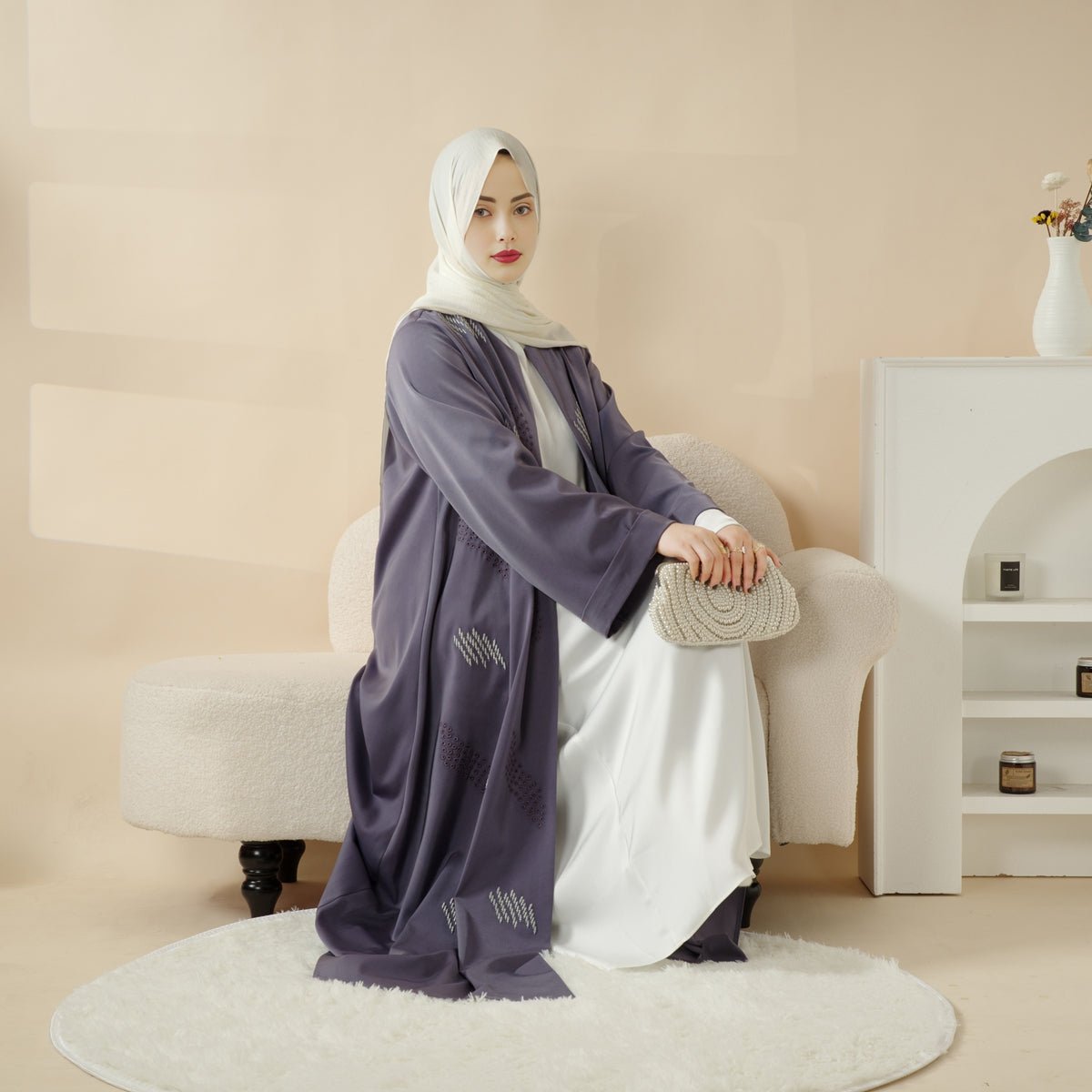 3D Embroidery Abaya With Geometric Beads. 3D Embroidered Open Abaya (MOA085)