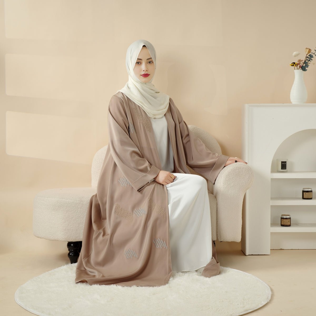 3D Embroidery Abaya With Geometric Beads. 3D Embroidered Open Abaya (MOA085)