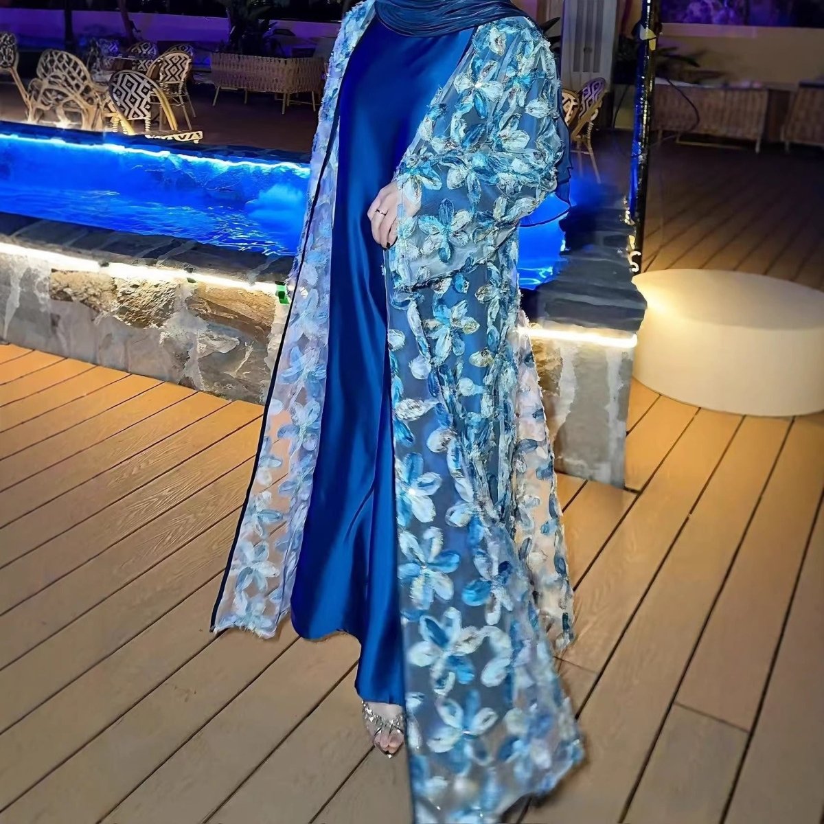 3D Floral Embroidered Mesh Open Abaya Set(MOA302)