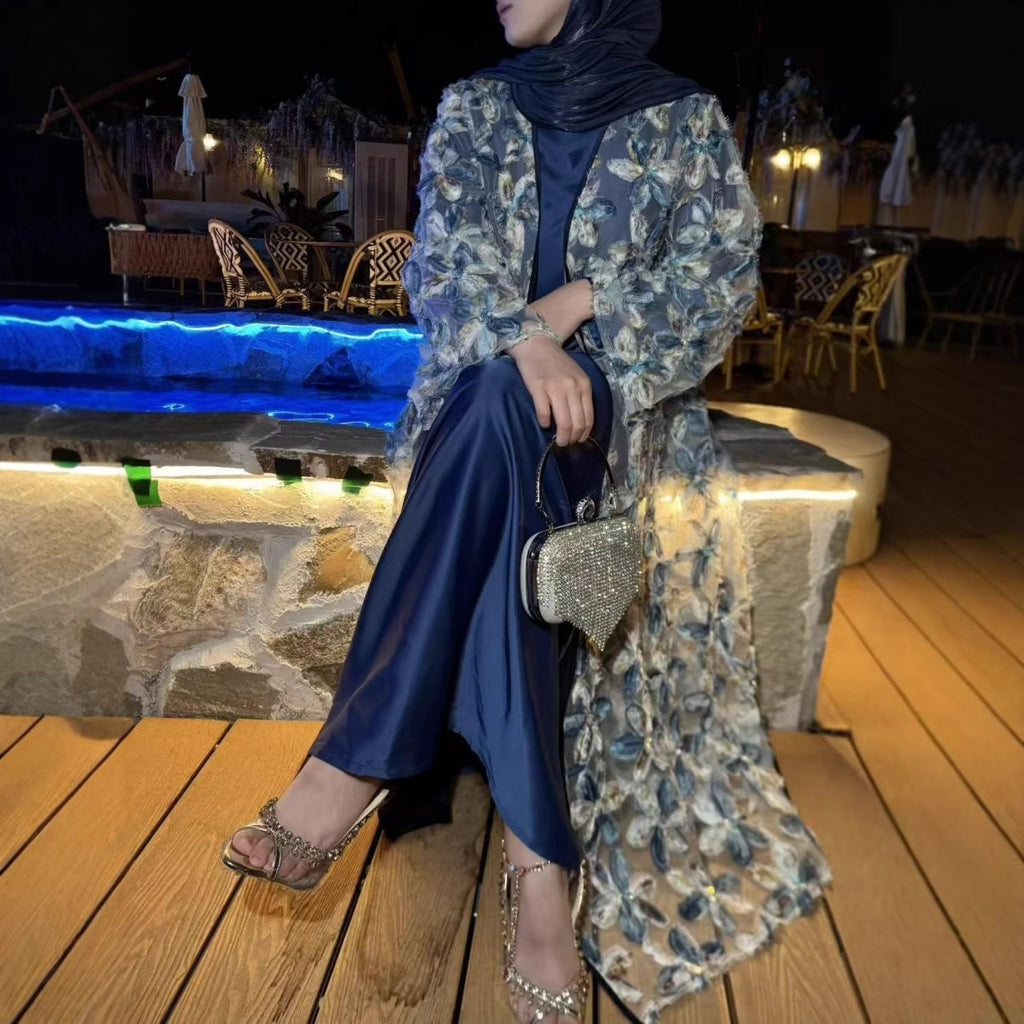 3D Floral Embroidered Mesh Open Abaya Set(MOA302)