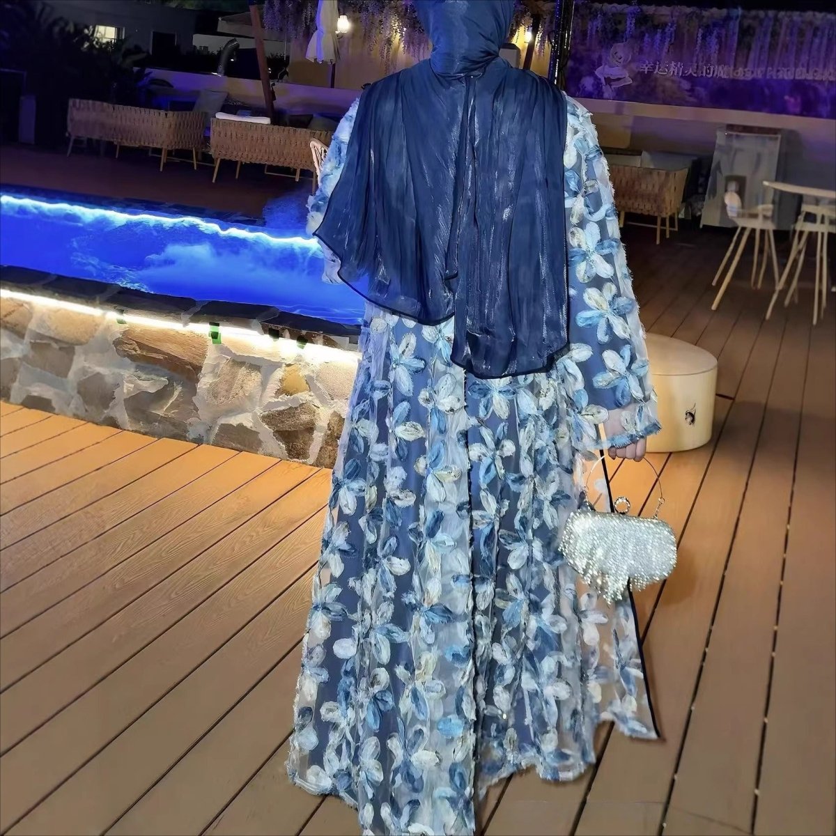 3D Floral Embroidered Mesh Open Abaya Set(MOA302)