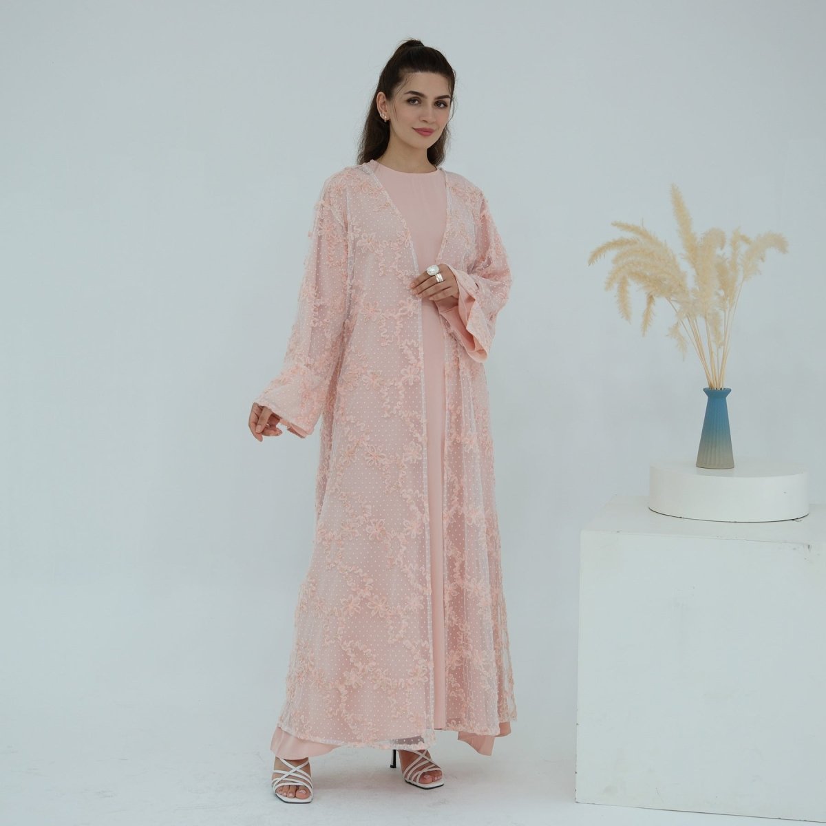 3D Floral Mesh Open Abaya (MOA288)