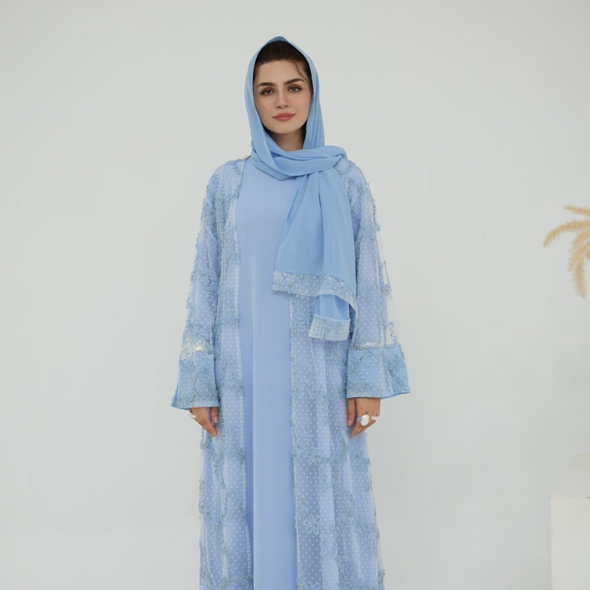 3D Floral Mesh Open Abaya (MOA288)