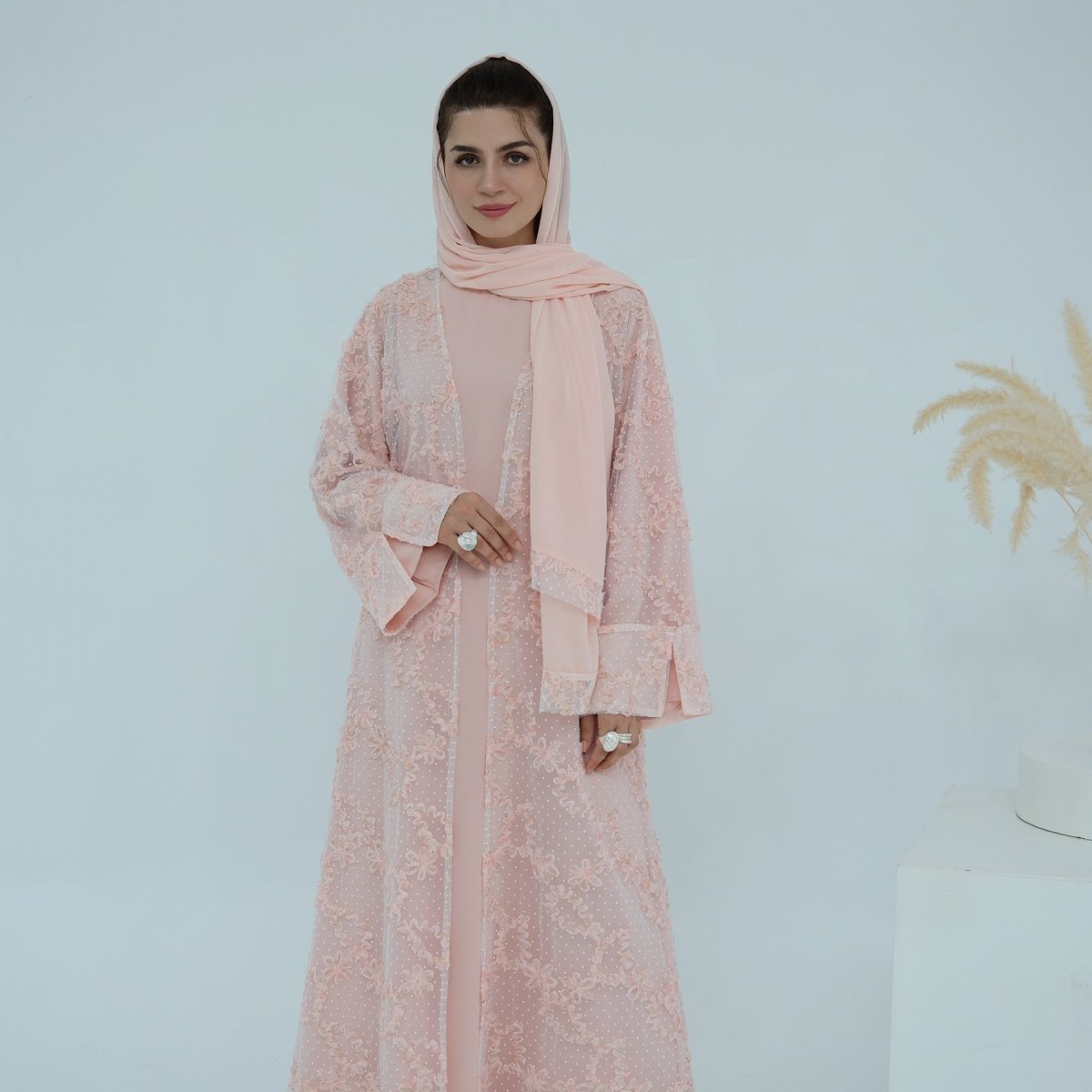 3D Floral Mesh Open Abaya (MOA288)