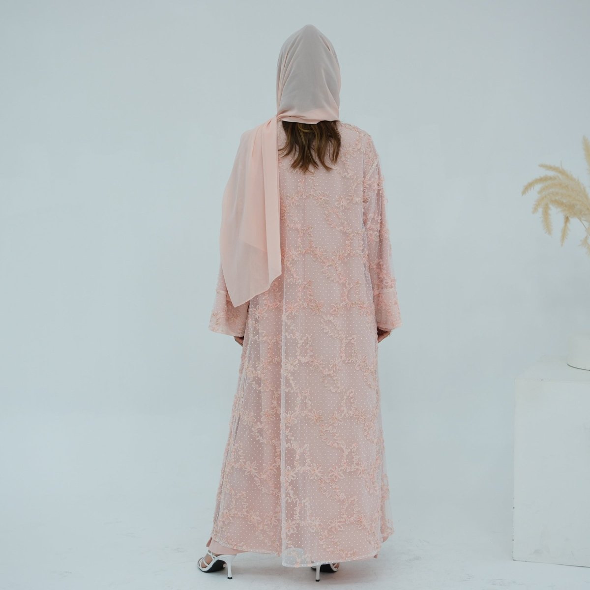 3D Floral Mesh Open Abaya (MOA288)