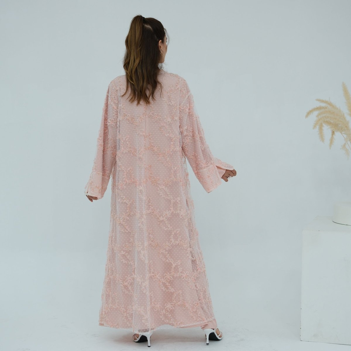 3D Floral Mesh Open Abaya (MOA288)