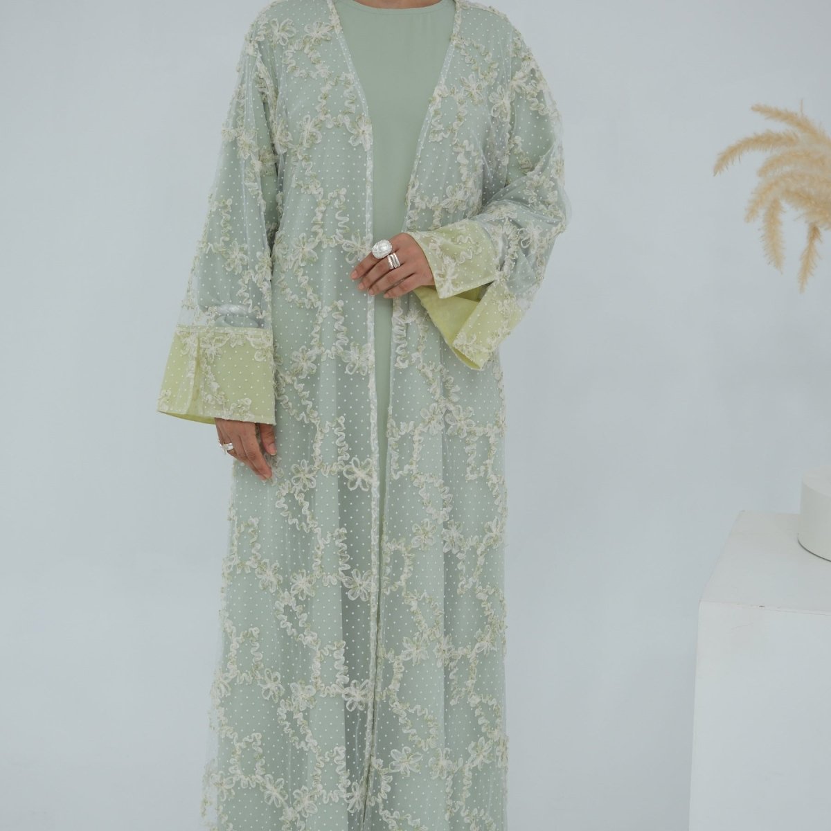 3D Floral Mesh Open Abaya (MOA288)