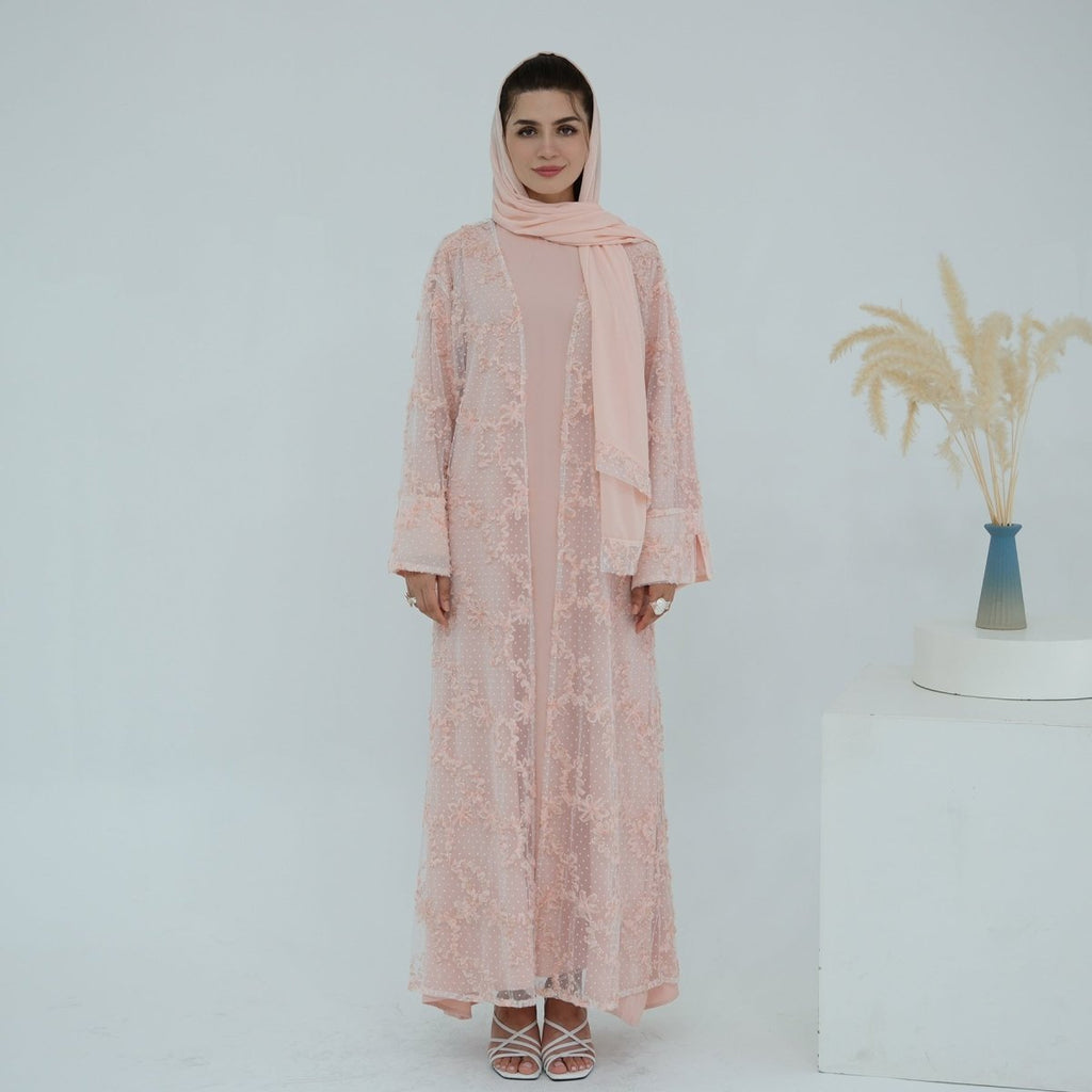 3D Floral Mesh Open Abaya (MOA288)