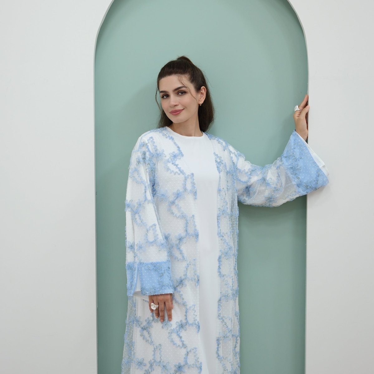 3D Floral Mesh Open Abaya (MOA288)