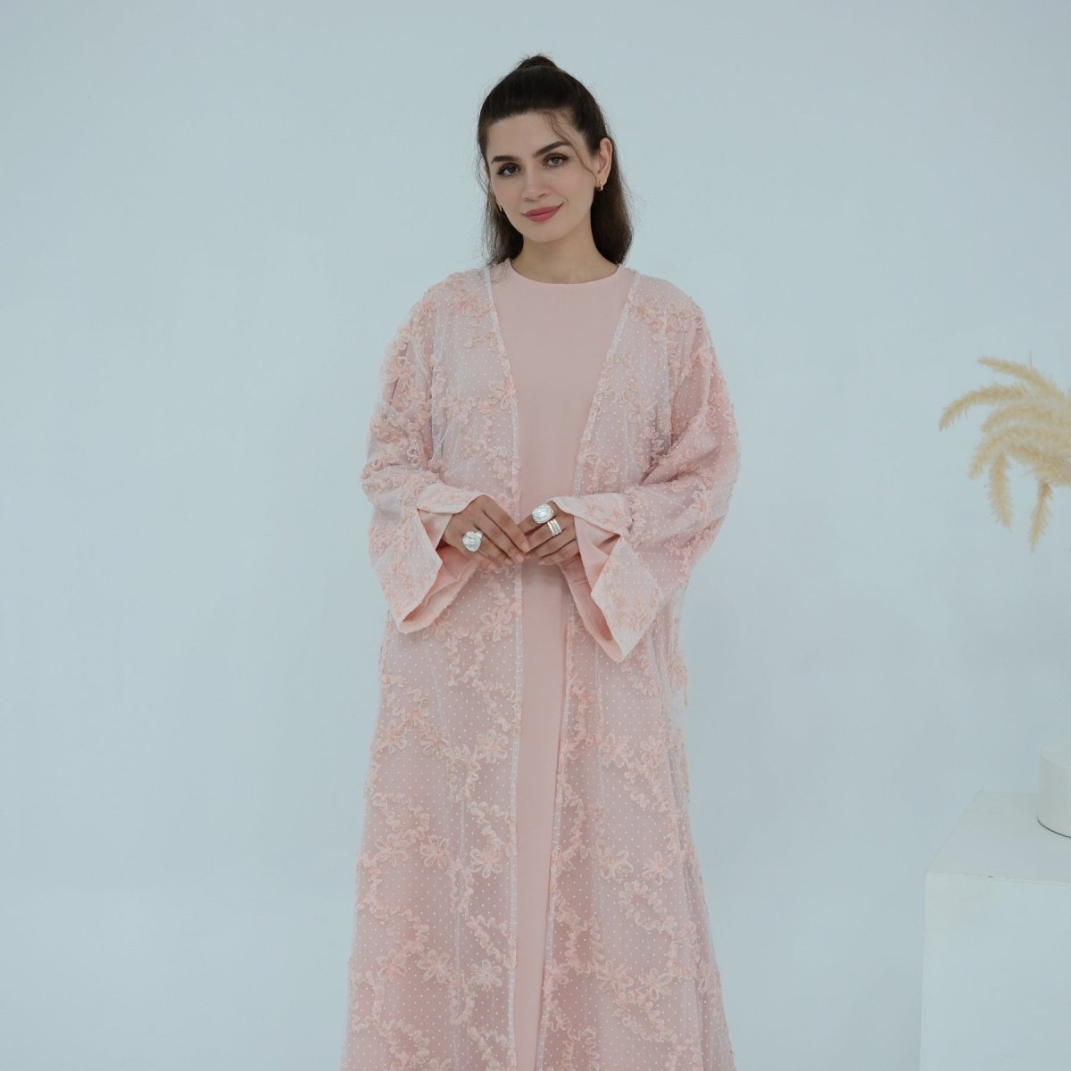 3D Floral Mesh Open Abaya (MOA288)