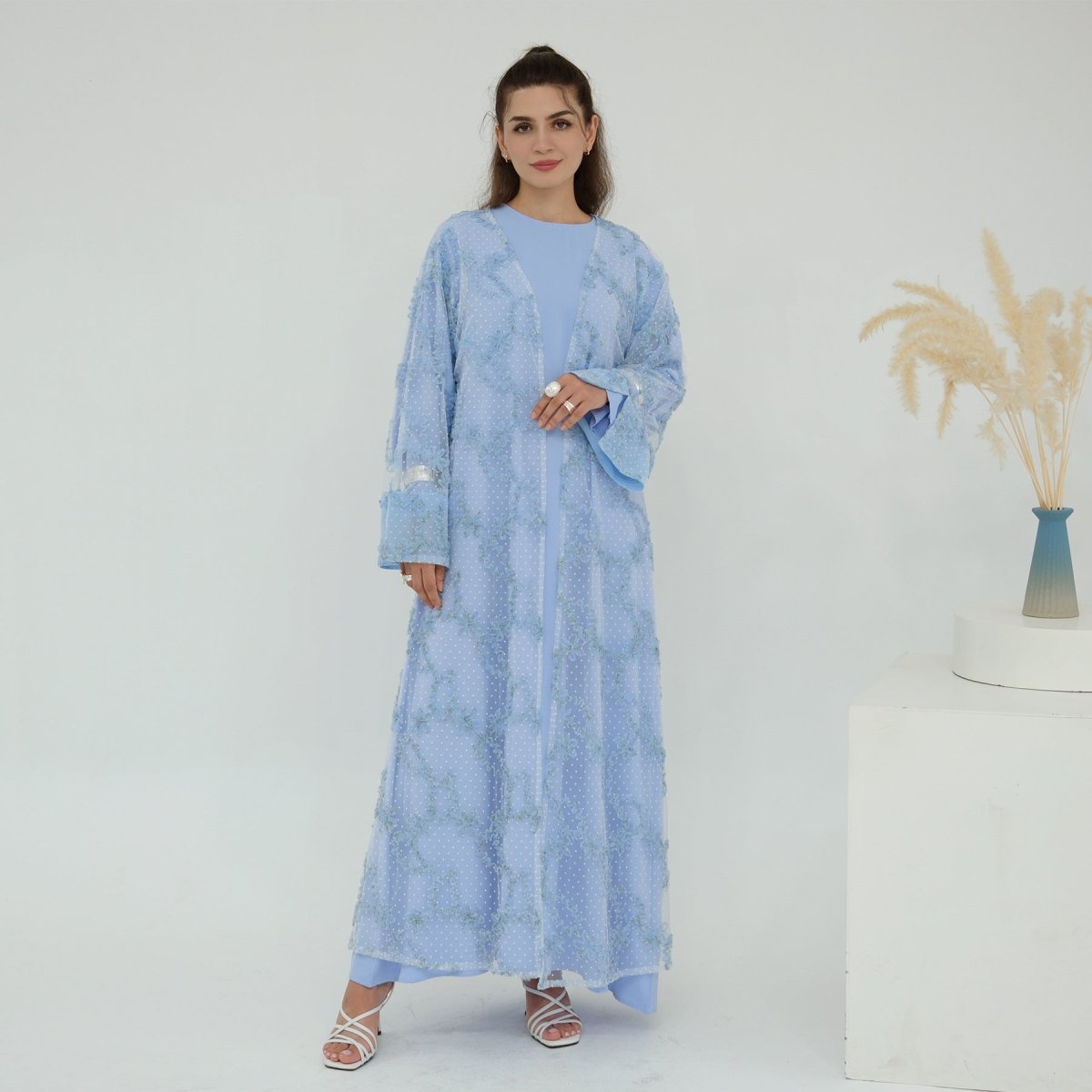 3D Floral Mesh Open Abaya (MOA288)