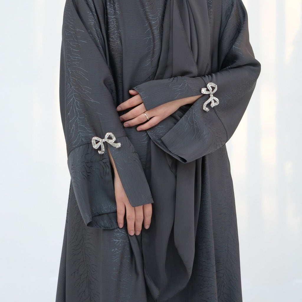 3D Jacquard Bow Abaya & Hijab Set | Butterfly Sleeve Brocade Dress(MA352)