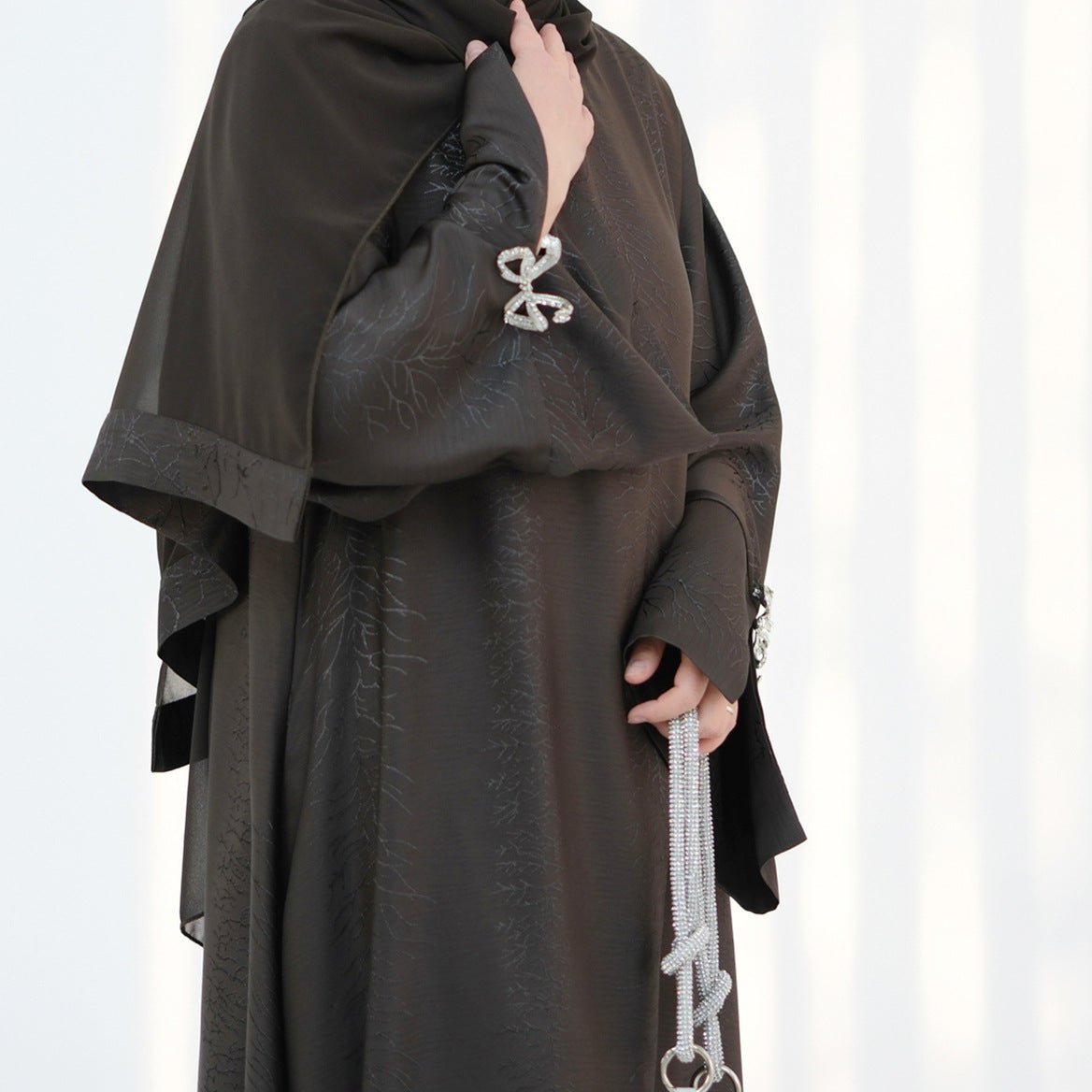 3D Jacquard Bow Abaya & Hijab Set | Butterfly Sleeve Brocade Dress(MA352)