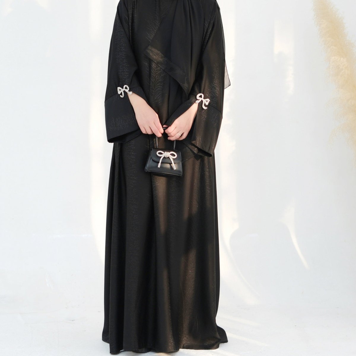3D Jacquard Bow Abaya & Hijab Set | Butterfly Sleeve Brocade Dress(MA352)