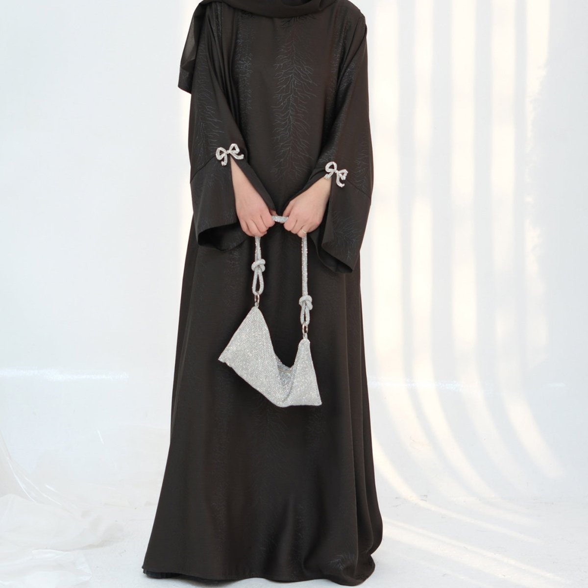 3D Jacquard Bow Abaya & Hijab Set | Butterfly Sleeve Brocade Dress(MA352)