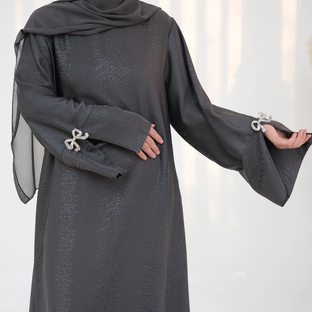 3D Jacquard Bow Abaya & Hijab Set | Butterfly Sleeve Brocade Dress(MA352)