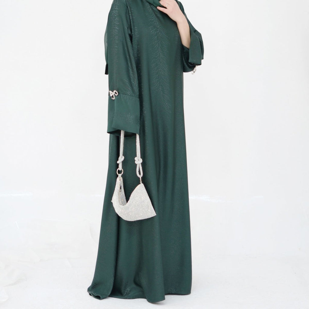 3D Jacquard Bow Abaya & Hijab Set | Butterfly Sleeve Brocade Dress(MA352)