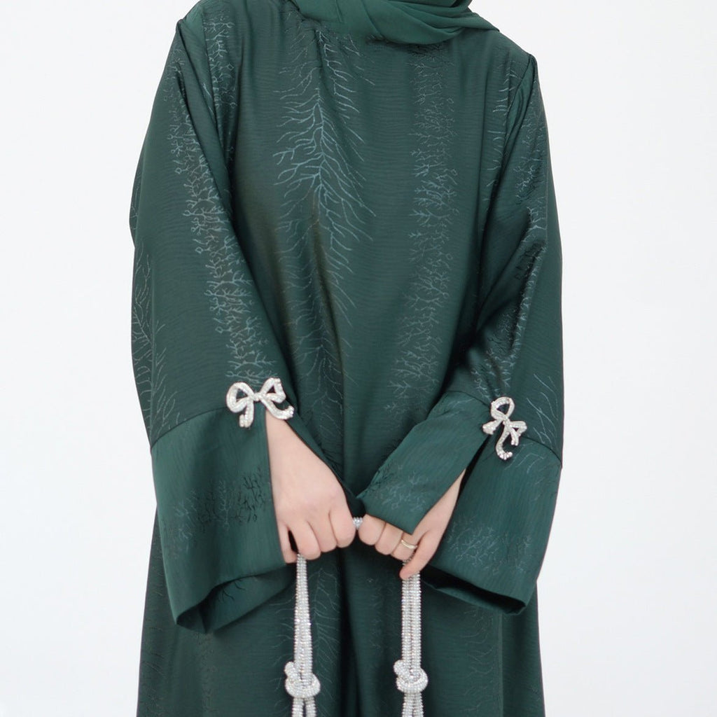 3D Jacquard Bow Abaya & Hijab Set | Butterfly Sleeve Brocade Dress(MA352)