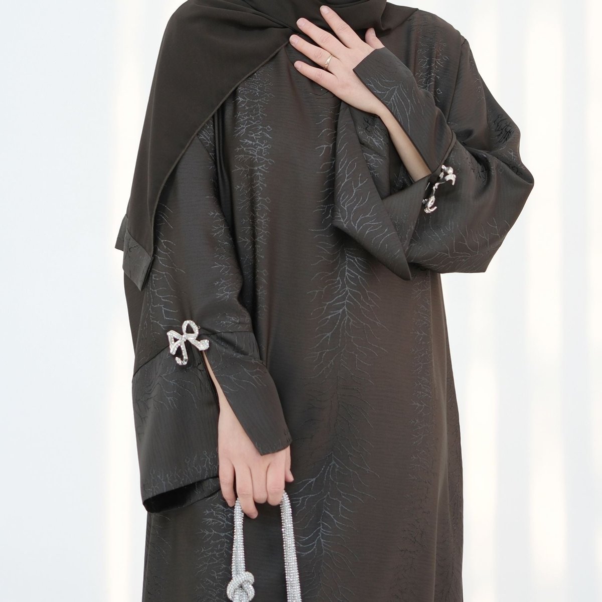 3D Jacquard Bow Abaya & Hijab Set | Butterfly Sleeve Brocade Dress(MA352)