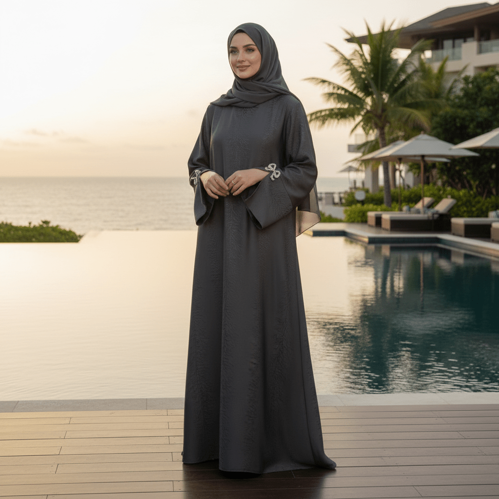 3D Jacquard Bow Abaya & Hijab Set | Butterfly Sleeve Brocade Dress(MA352)