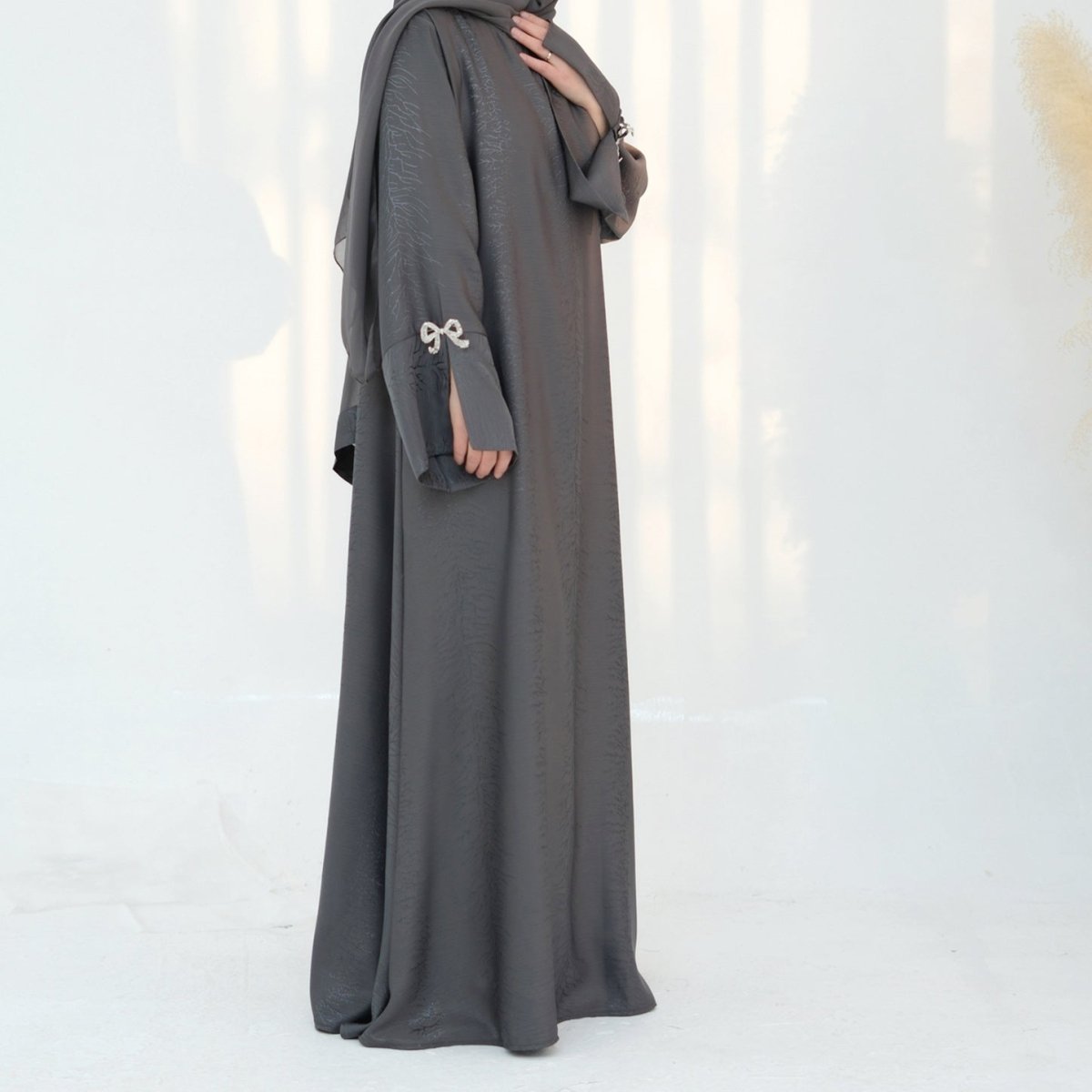 3D Jacquard Bow Abaya & Hijab Set | Butterfly Sleeve Brocade Dress(MA352)