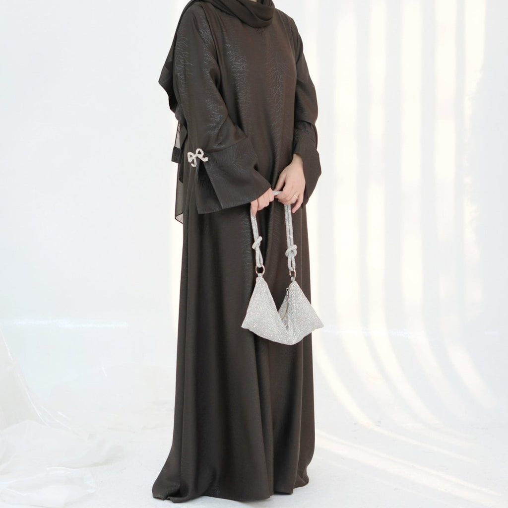 3D Jacquard Bow Abaya & Hijab Set | Butterfly Sleeve Brocade Dress(MA352)