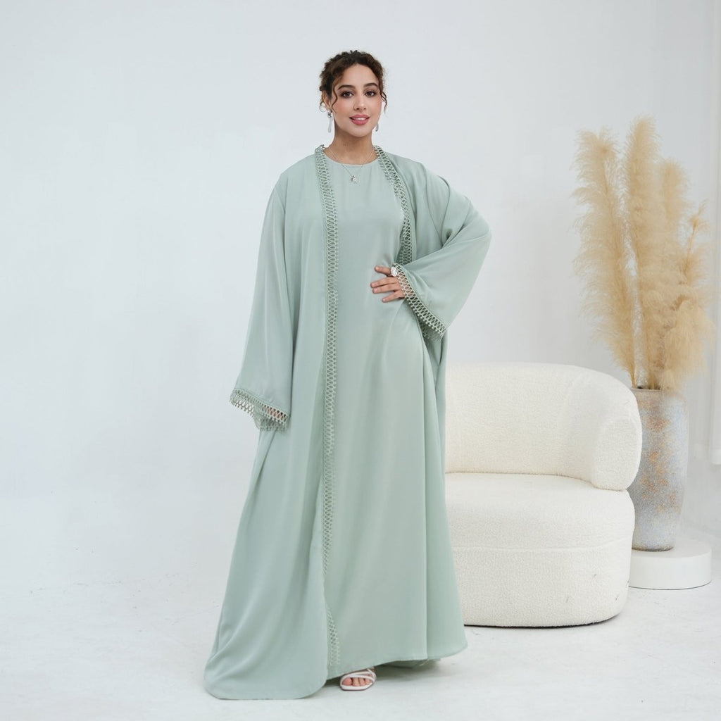 3D Lace Trim Open Abaya & Sleeveless Dress Set(MOA323)