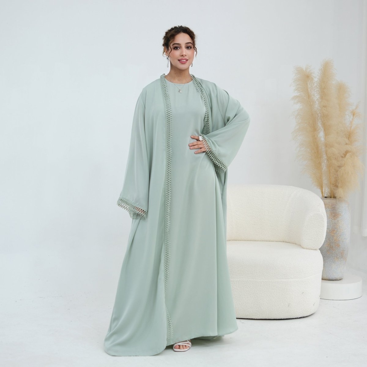 3D Lace Trim Open Abaya & Sleeveless Dress Set(MOA323)