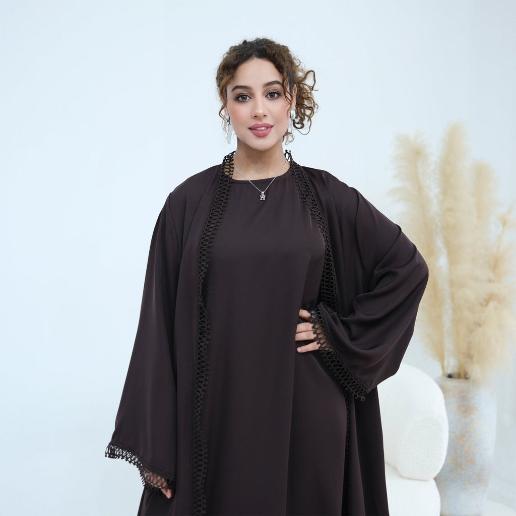 3D Lace Trim Open Abaya & Sleeveless Dress Set(MOA323)