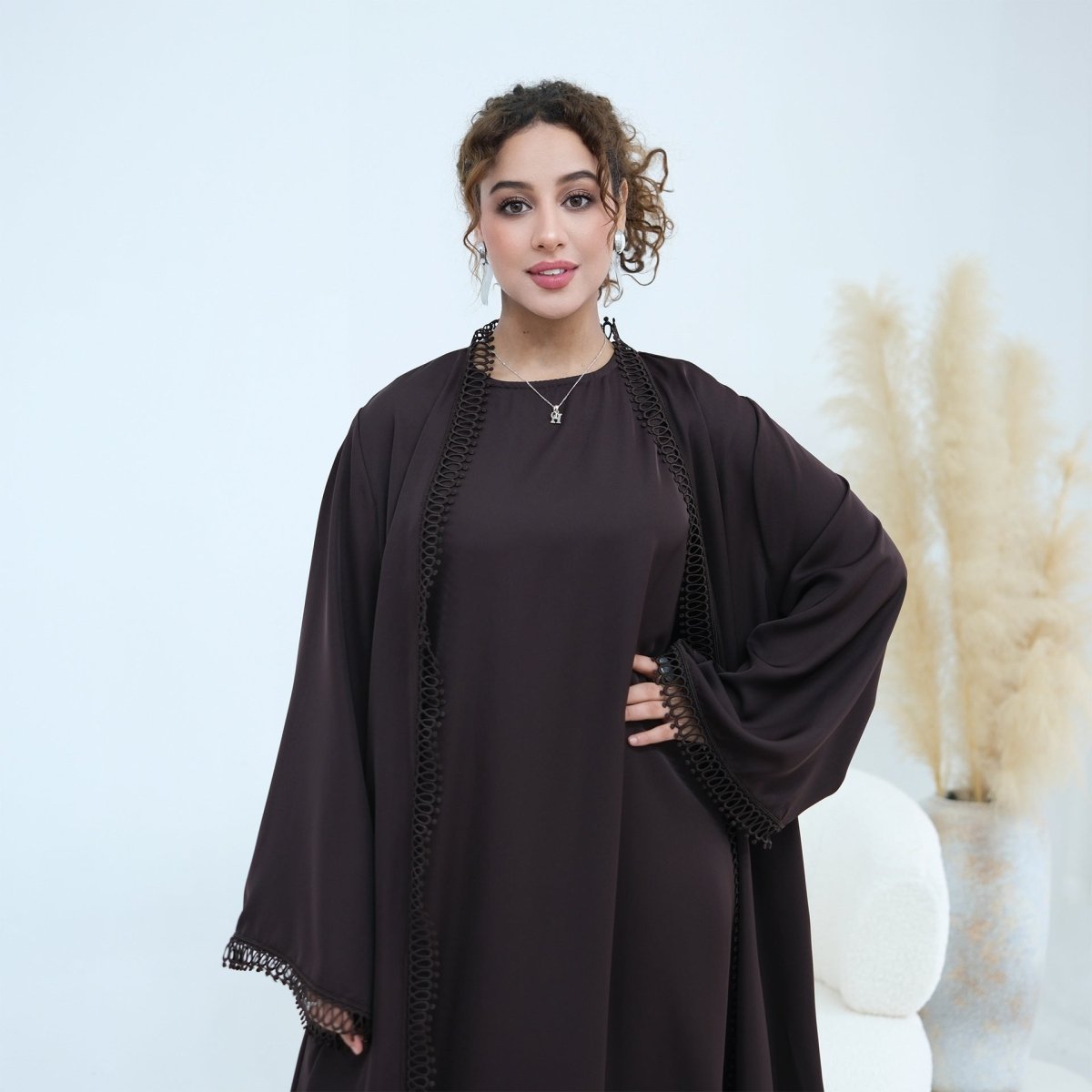 3D Lace Trim Open Abaya & Sleeveless Dress Set(MOA323)