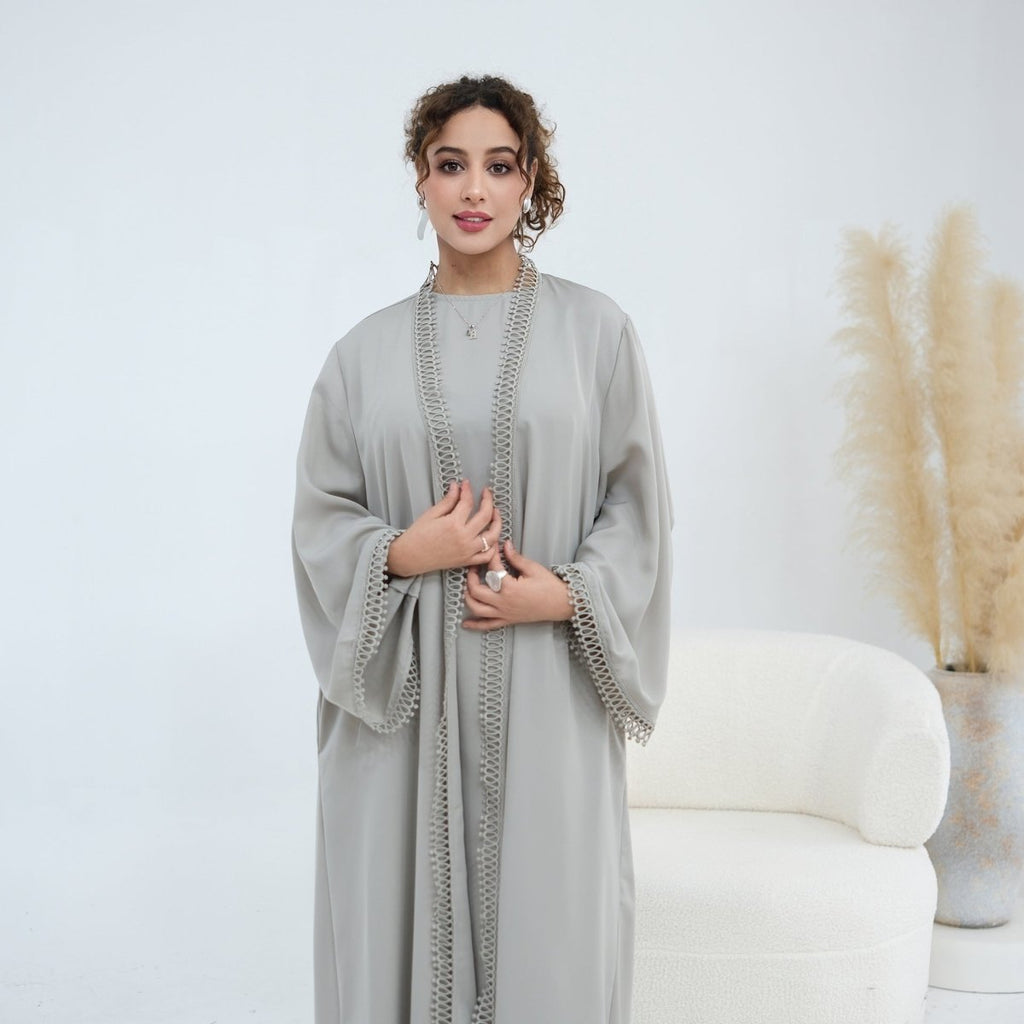 3D Lace Trim Open Abaya & Sleeveless Dress Set(MOA323)
