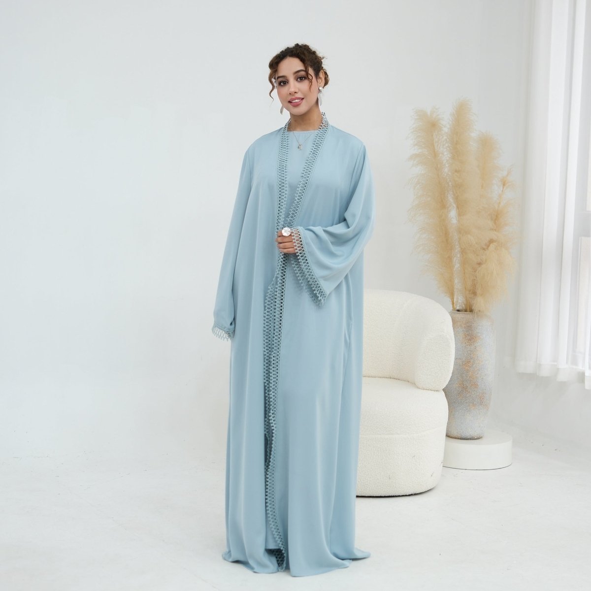 3D Lace Trim Open Abaya & Sleeveless Dress Set(MOA323)